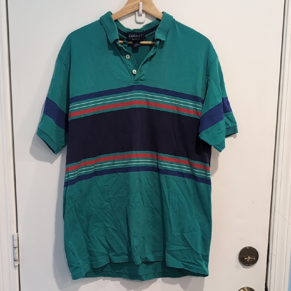VTG GANT Rugger 100% Cotton Men's Teal/Navy/Red Striped Polo Shirt Size XL
